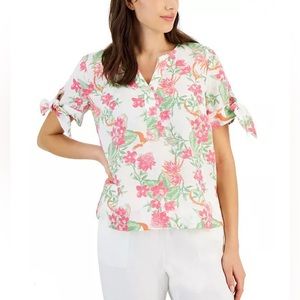 Charter Club Women's Linen Split-Neck Floral-Print Top Multicolor Size L. NWT
